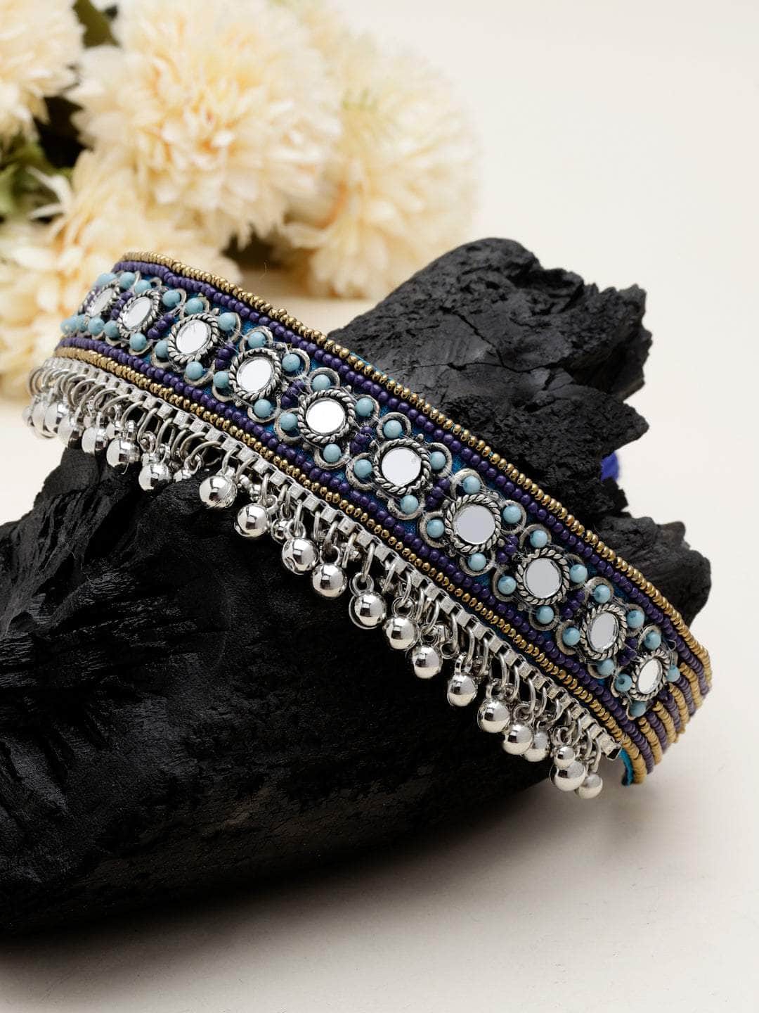 Handcrafted Mirrors & Beads Studded Afghan Contemporary Design Silver Plated Choker