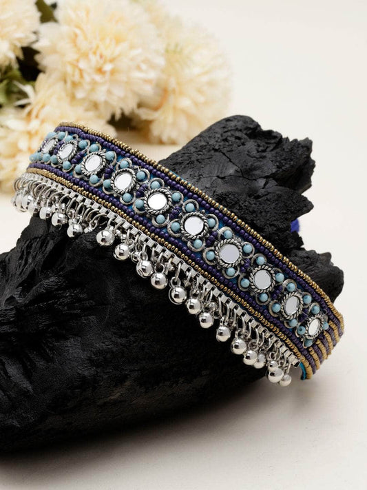 Handcrafted Mirrors & Beads Studded Afghan Contemporary Design Silver Plated Choker