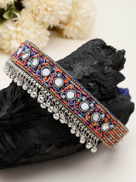 Handcrafted Mirrors & Beads Studded Afghan Contemporary Design Silver Plated Choker