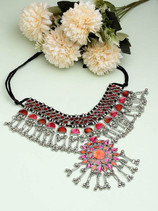 Handcrafted Meenakari Work Afghan Floral Design Oxidised Silver Plated Tasselled Choker