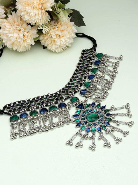 Handcrafted Meenakari Work Afghan Floral Design Oxidised Silver Plated Tasselled Choker