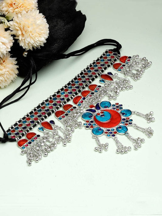 Handcrafted Meenakari Work Afghan Floral Design Oxidised Silver Plated Tasselled Choker