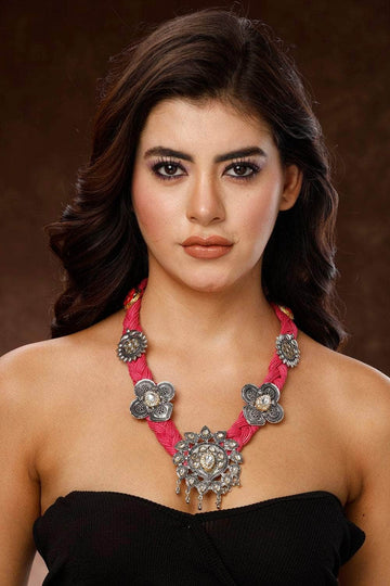 Pink Colored Kundan Studded Handwoven Oxidised Jute Necklace (Copy)