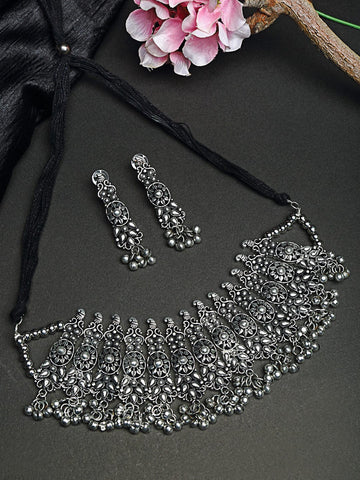 Silver-Plated Tribal Temple Design Filgree Work Handcrafted Jewellery Set