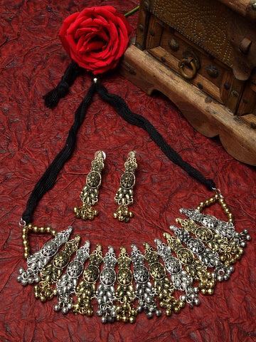 Gold-Plated & Silver-Toned Tribal Temple Design Filligree Work Antique Gold Plated Handcrafted Choker Jewellery Set