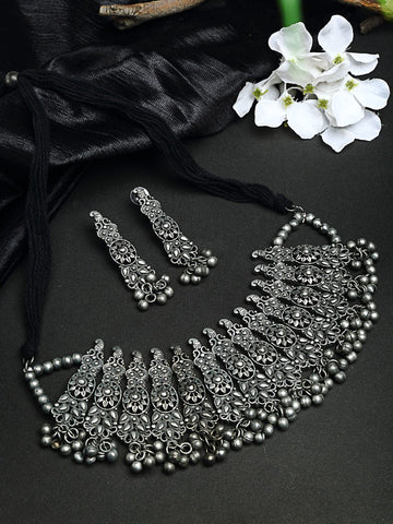 Oxidised Silver-Plated Tribal Filligree Temple Handcrafted Jewellery Set