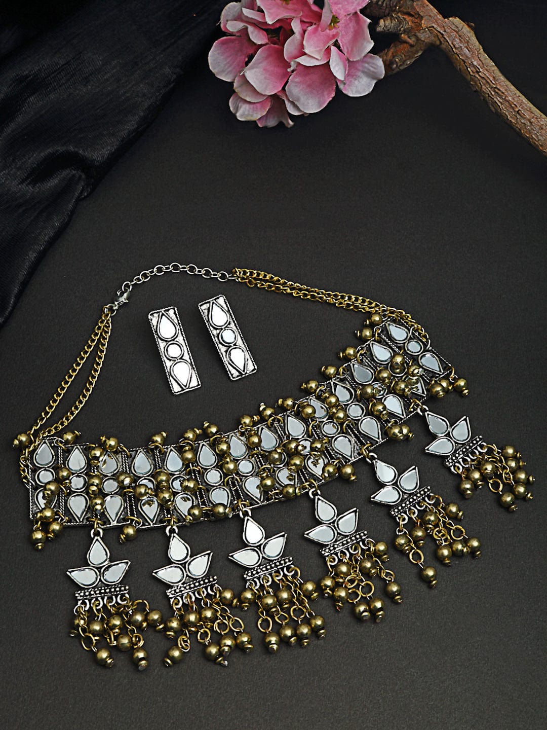 Oxidized Gold-Plated Silver-Toned Mirror-Studded Beaded Handcrafted Jewellery Set