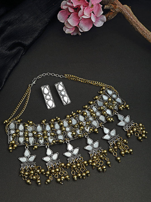 Oxidized Gold-Plated Silver-Toned Mirror-Studded Beaded Handcrafted Jewellery Set