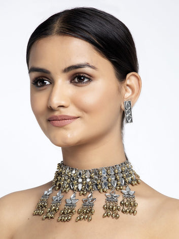Oxidized Gold-Plated Silver-Toned Mirror-Studded Beaded Handcrafted Jewellery Set