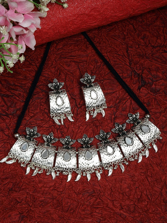 Oxidised Silver-Plated Mirror-Studded Floral Jewellery Set