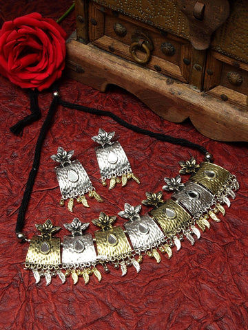 Oxidised Gold-Plated Silver-Toned Mirror Studded Floral Tasselled Design Handcrafted Jewellery Set