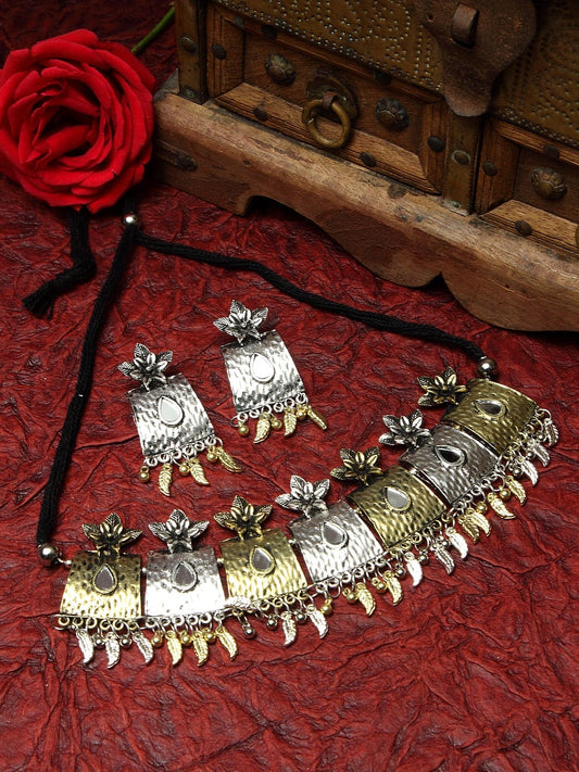Oxidised Gold-Plated Silver-Toned Mirror Studded Floral Tasselled Design Handcrafted Jewellery Set