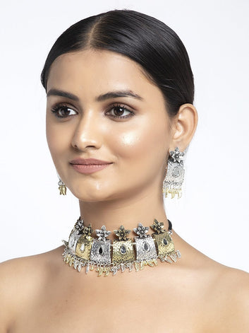 Oxidised Gold-Plated Silver-Toned Mirror Studded Floral Tasselled Design Handcrafted Jewellery Set