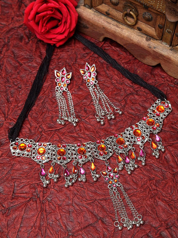 Silver-Plated Orange & Pink Stone-Studded Handcrafted Jewellery Set