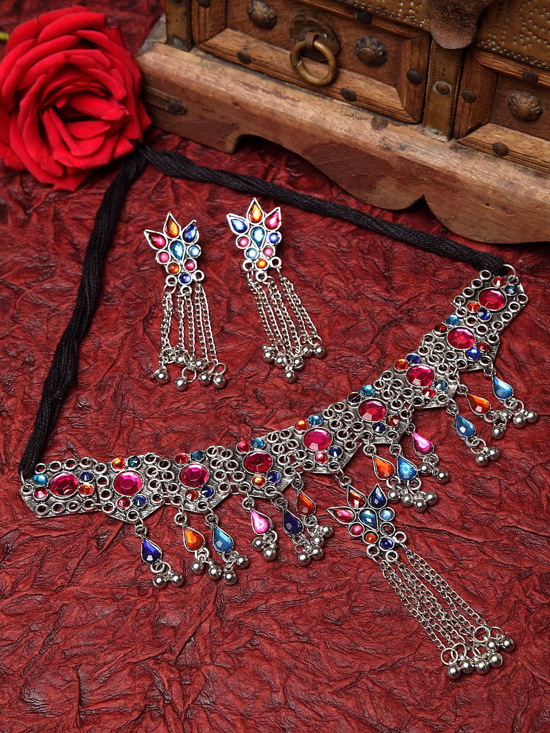 Silver-Plated Blue & Pink Stone-Studded Tasselled Handcrafted Afghan Jewellery Set