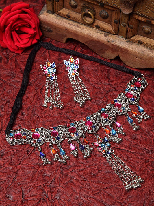 Silver-Plated Blue & Pink Stone-Studded Tasselled Handcrafted Afghan Jewellery Set