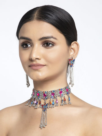 Silver-Plated Blue & Pink Stone-Studded Tasselled Handcrafted Afghan Jewellery Set