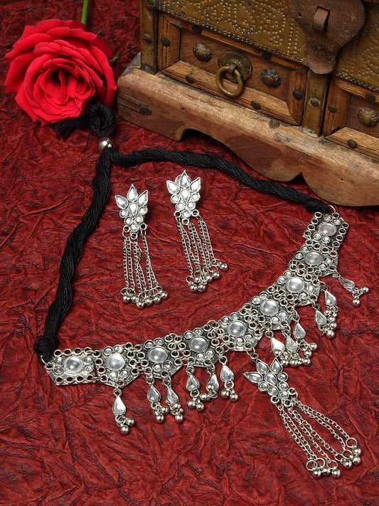 Silver-Plated & White Stone-Studded Tasselled Handcrafted Aghan Jewellery Set