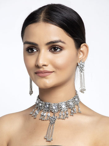 Silver-Plated & White Stone-Studded Tasselled Handcrafted Aghan Jewellery Set