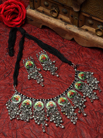 Silver-Plated Green & Red Stone-Studded & Beaded Meenakari & Enamelled Handcrafted Jewellery Set