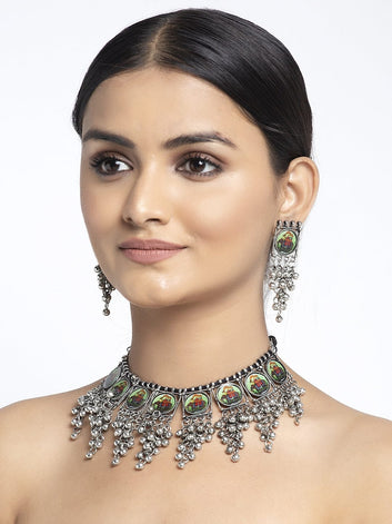 Silver-Plated Green & Red Stone-Studded & Beaded Meenakari & Enamelled Handcrafted Jewellery Set