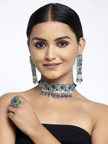 Silver-Plated Artificial Stones-Studded Jewellery Set