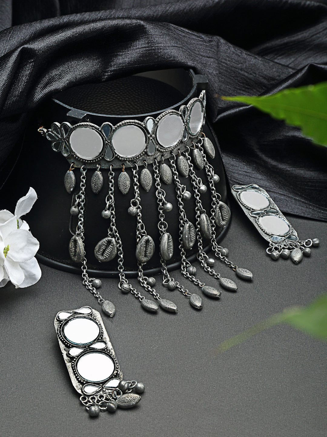 Oxidized Silver-Plated Stone-Studded & Beaded Mirror Jewellery Set