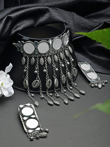 Oxidized Silver-Plated Stone-Studded & Beaded Mirror Jewellery Set
