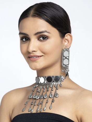 Oxidized Silver-Plated Stone-Studded & Beaded Mirror Jewellery Set