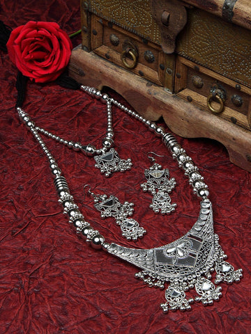Silver-Plated Mirror & Ghungroo Studded Tribal Tasselled Design Jewellery Set