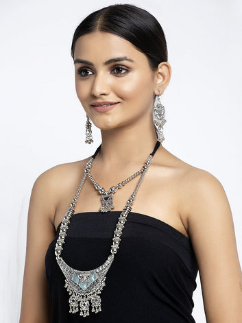 Silver-Plated Mirror & Ghungroo Studded Tribal Tasselled Design Jewellery Set