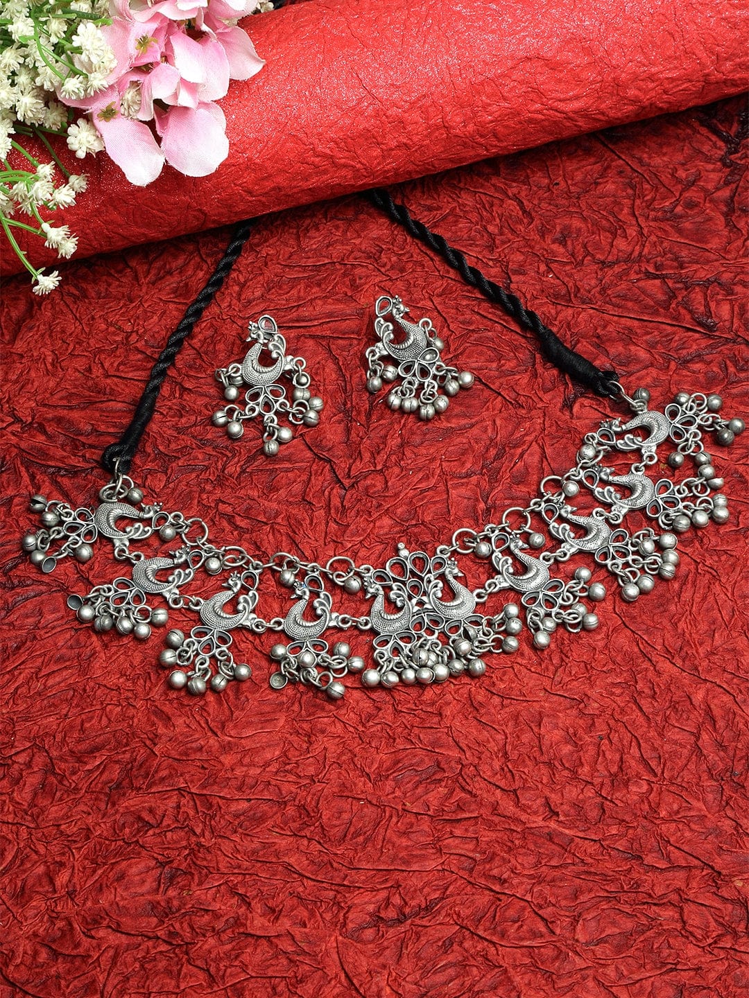 Silver-Plated Oxidised & Beaded Tribal Look Jewellery Set