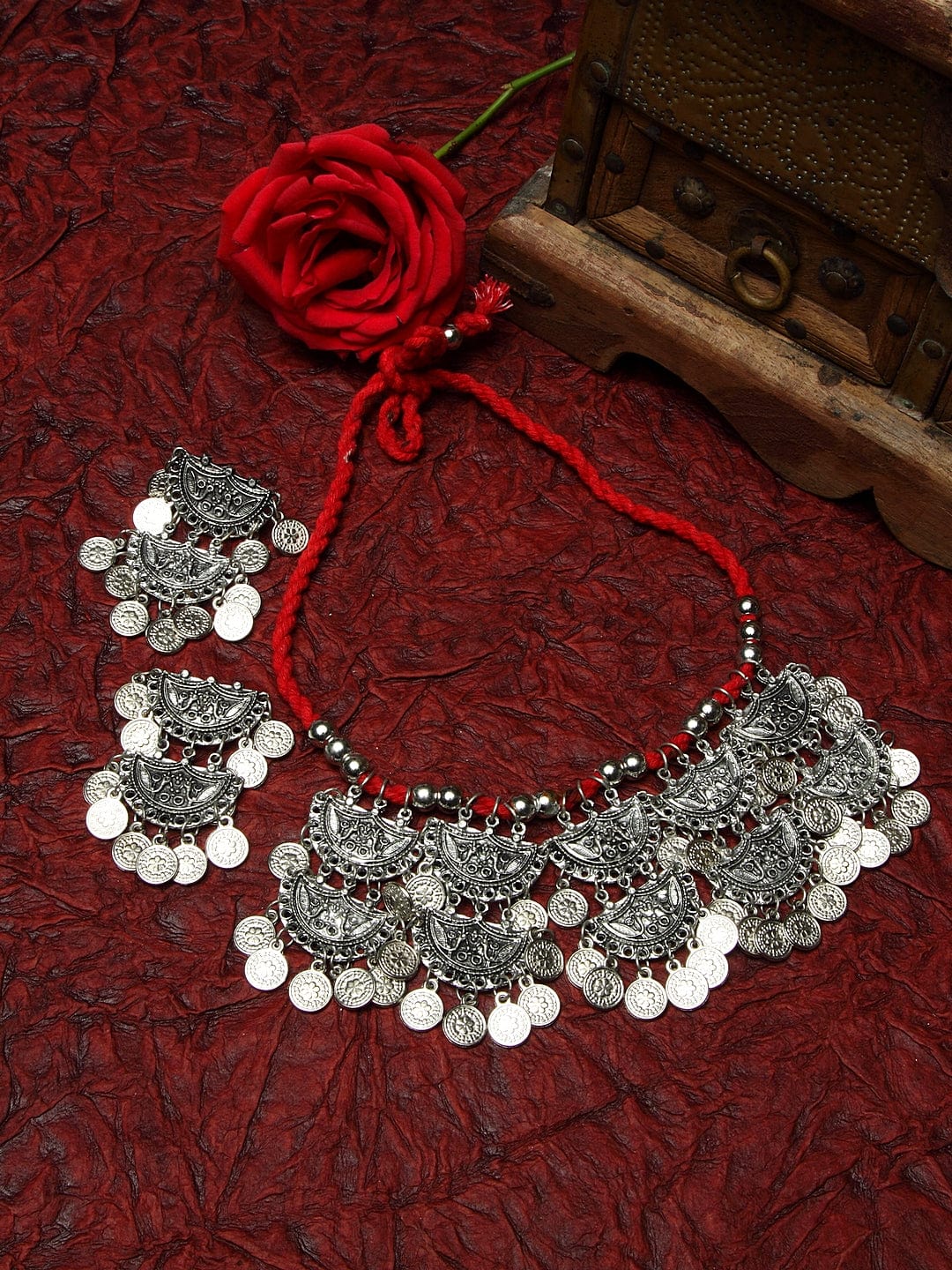 Silver-Plated Stone Beaded Tasseled Design Tribal Jewellery Set