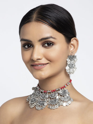 Silver-Plated Stone Beaded Tasseled Design Tribal Jewellery Set