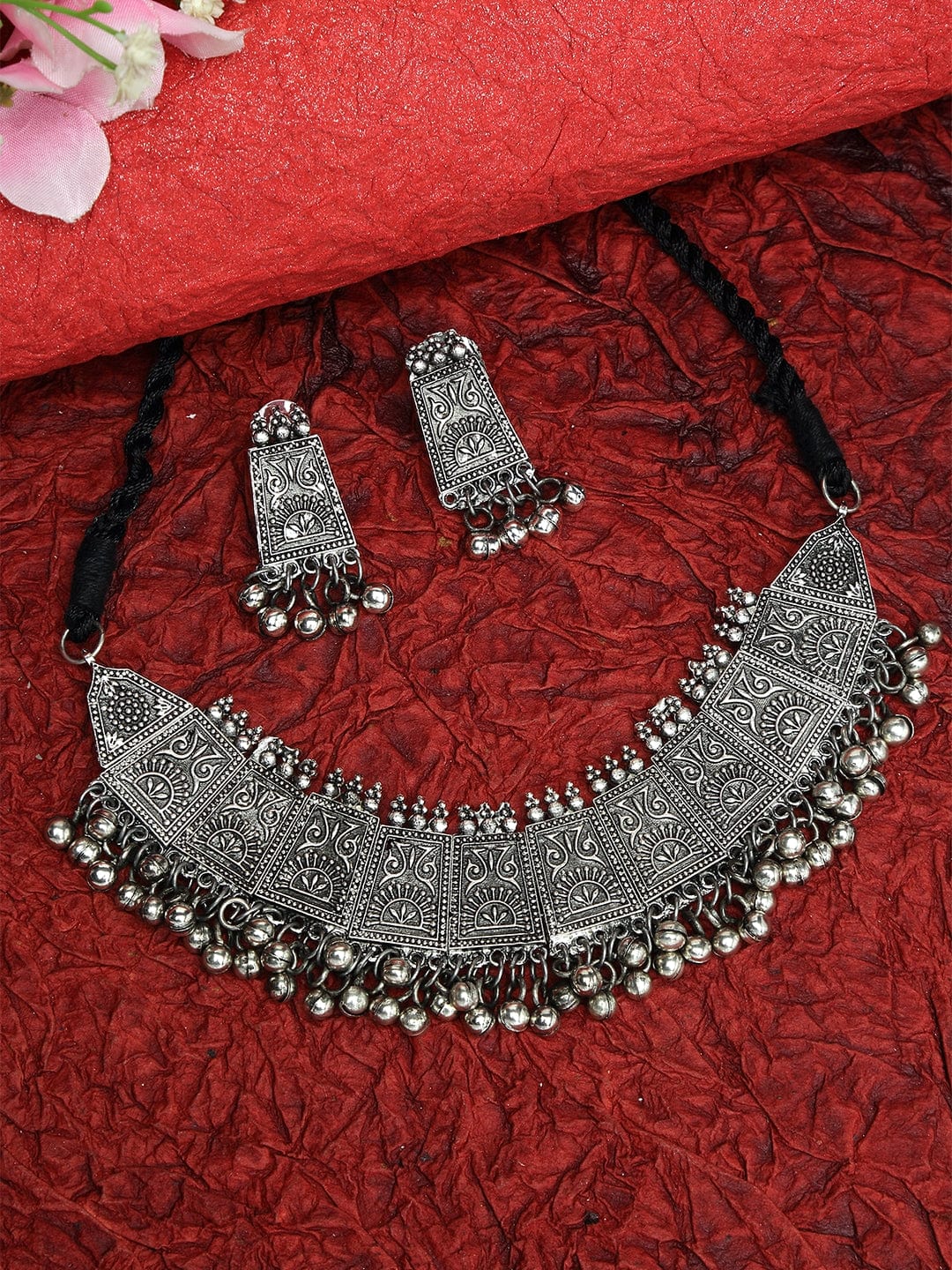 Silver-Plated Ghungroo Studded Tribal Tassel Design Afghan Look Handcrafted Jewellery Set