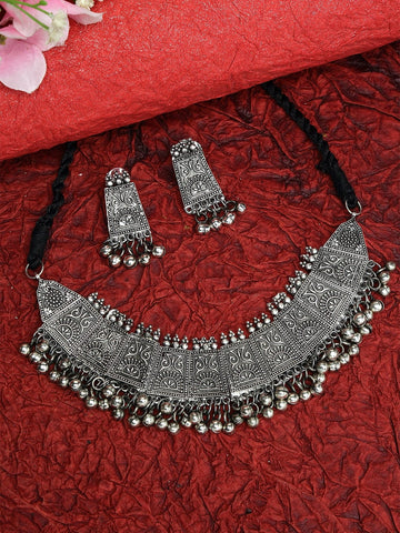 Silver-Plated Ghungroo Studded Tribal Tassel Design Afghan Look Handcrafted Jewellery Set