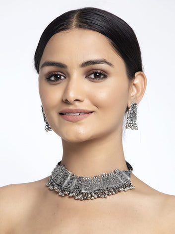 Silver-Plated Ghungroo Studded Tribal Tassel Design Afghan Look Handcrafted Jewellery Set