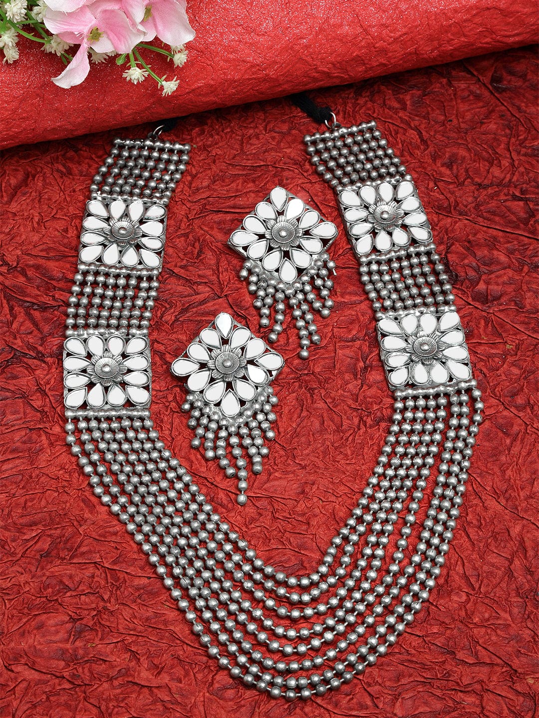 Silver-Plated Mirrors-Studded Afghan Handcrafted Jewellery Set