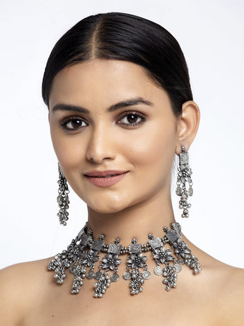 Oxidized Silver-Plated Floral Design Ghungroo Studded Handcrafted Tribal Jewellery Set