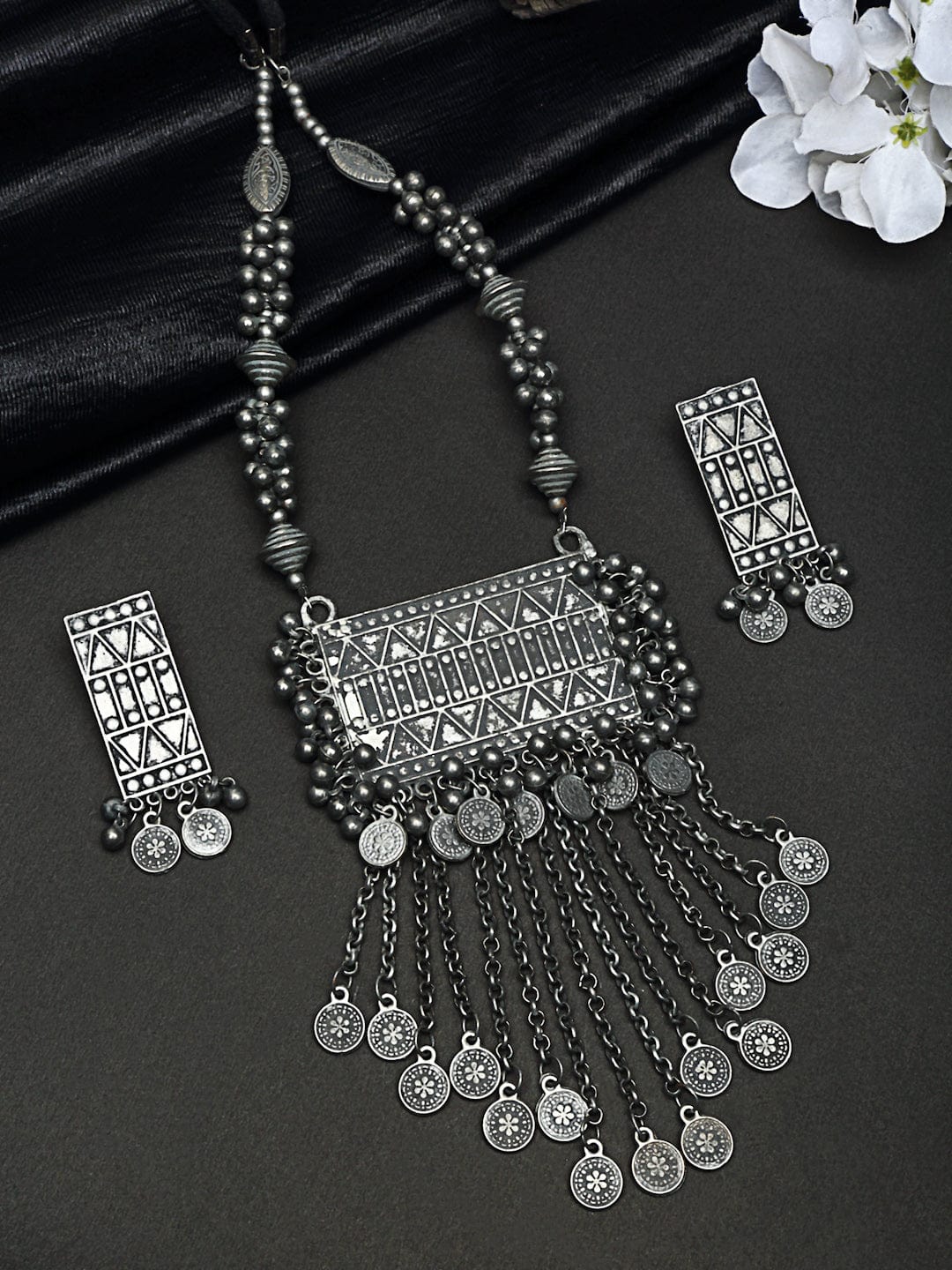 Silver Plated Tasselled Afghan Look Oxidised Handcrafted Tribal Jewelry Set