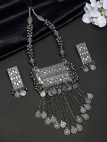 Silver Plated Tasselled Afghan Look Oxidised Handcrafted Tribal Jewelry Set