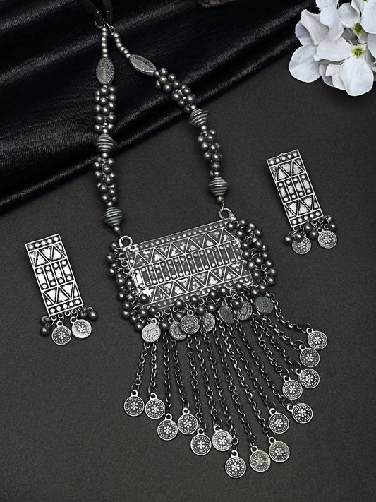Silver Plated Tasselled Afghan Look Oxidised Handcrafted Tribal Jewelry Set