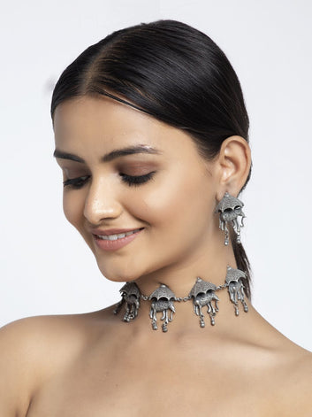 Oxidized Silver-Plated Antique Tribal Design Filigree Work Handcrafted Jewellery Set