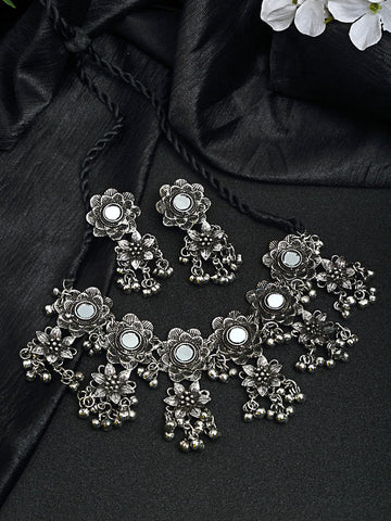 Oxidised Silver-Plated Mirror Studded Floral Tasselled Jewellery Set