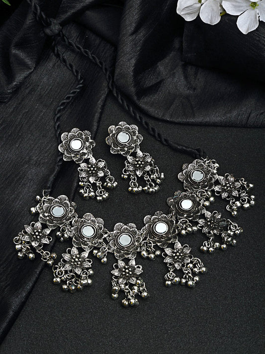 Oxidised Silver-Plated Mirror Studded Floral Tasselled Jewellery Set