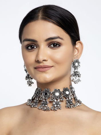 Oxidised Silver-Plated Mirror Studded Floral Tasselled Jewellery Set