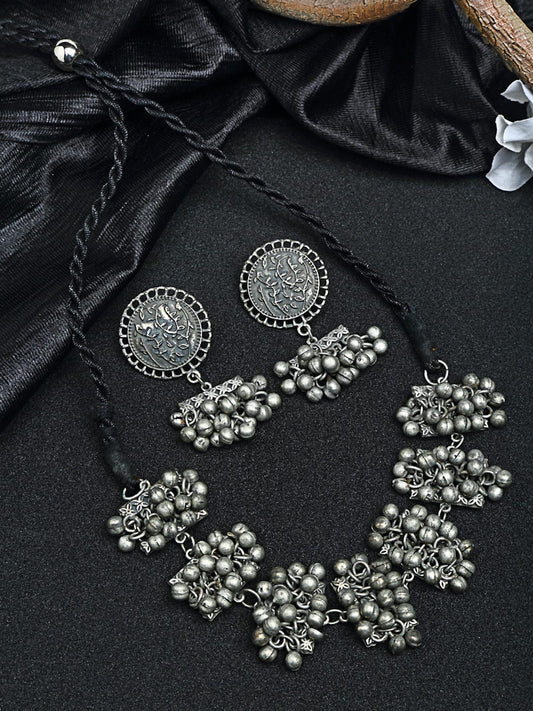 Oxidized Silver-Plated Ghungroo Studded Floral Design Handcrafted Jewellery Set