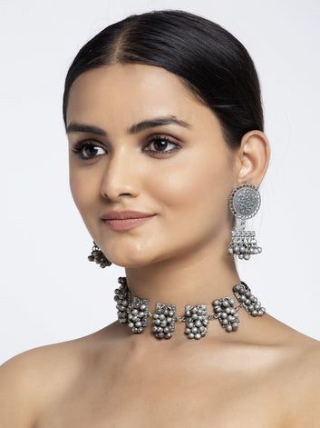 Oxidized Silver-Plated Ghungroo Studded Floral Design Handcrafted Jewellery Set