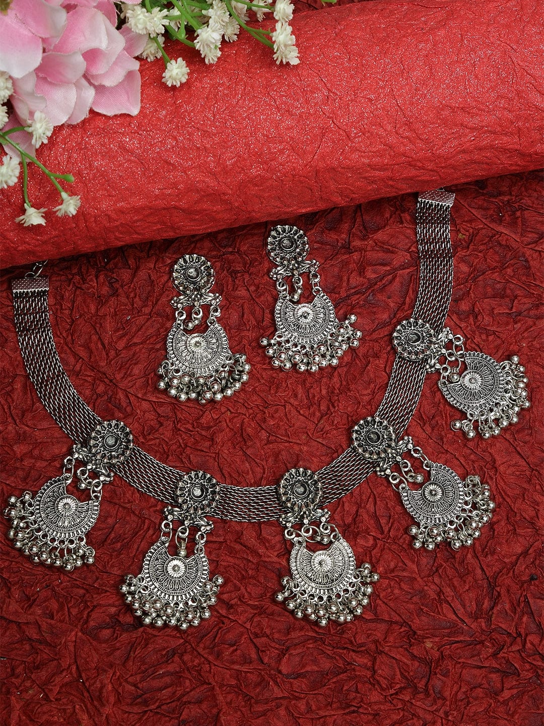 Oxidised Silver-Plated Stone-Studded Jewellery Set