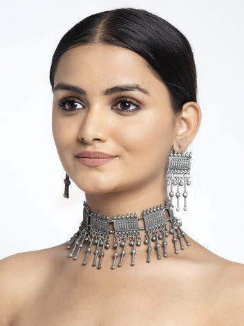 Oxidized Silver-Plated Antique Tribal Tasselled Design Handcrafted Jewellery Set